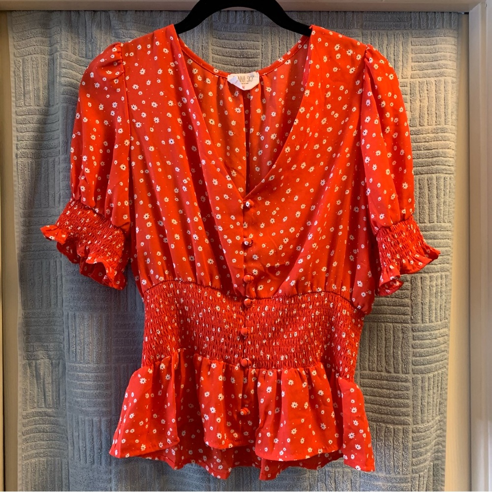 SIENNA SKY WOMENS TOP RED WITH WHITE FLOWERS SIZE M